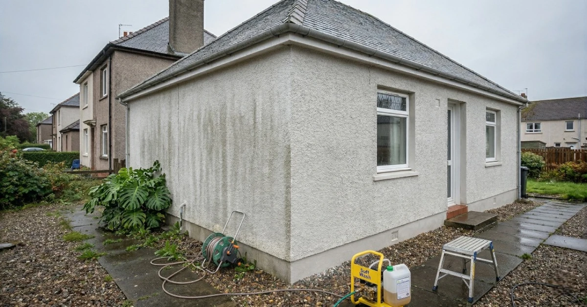 Pressure washing roughcast render on a residential property in Fife